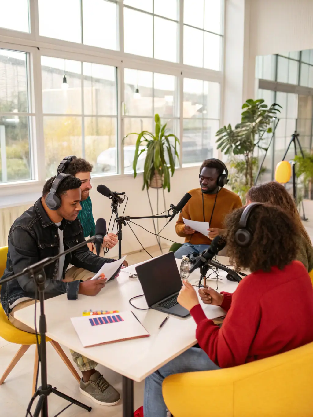 A dynamic photo of a group creating audio stories in a sound booth, with microphones, headphones, and recording equipment visible.