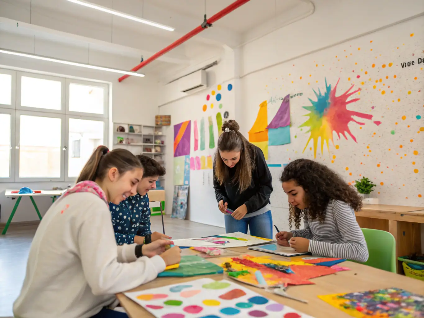 An inspiring image of young participants working on a collaborative art project, emphasizing creativity, teamwork, and the positive impact of the initiative on youth development.