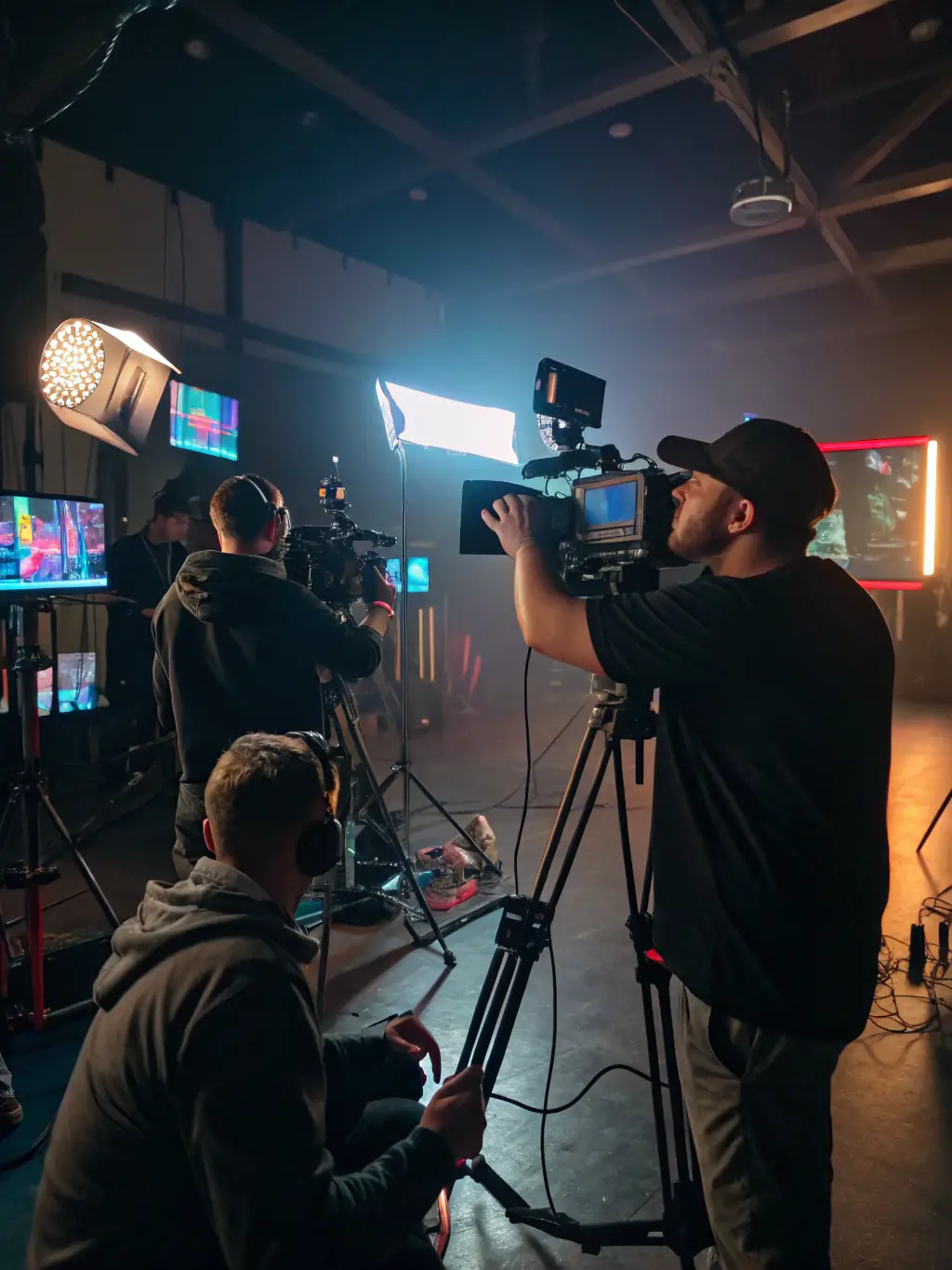A vibrant image of participants engaged in a short film workshop, showcasing diverse age groups and creative equipment like cameras and editing software.
