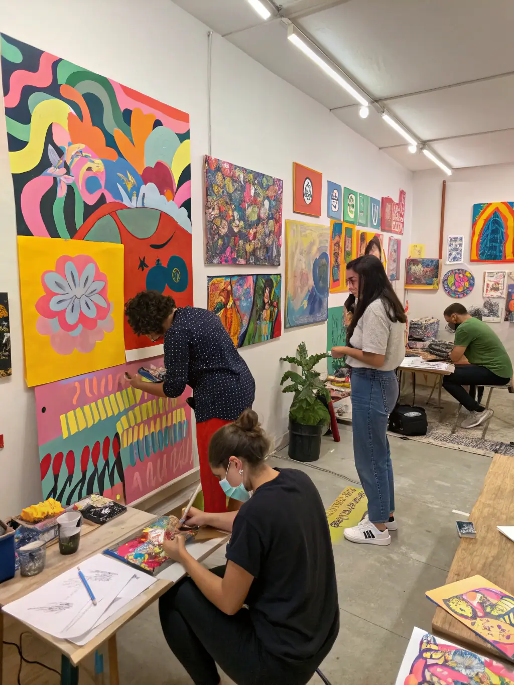 A colorful image of participants creating visual art pieces, including drawings, sketches, and digital art, in a collaborative studio setting.