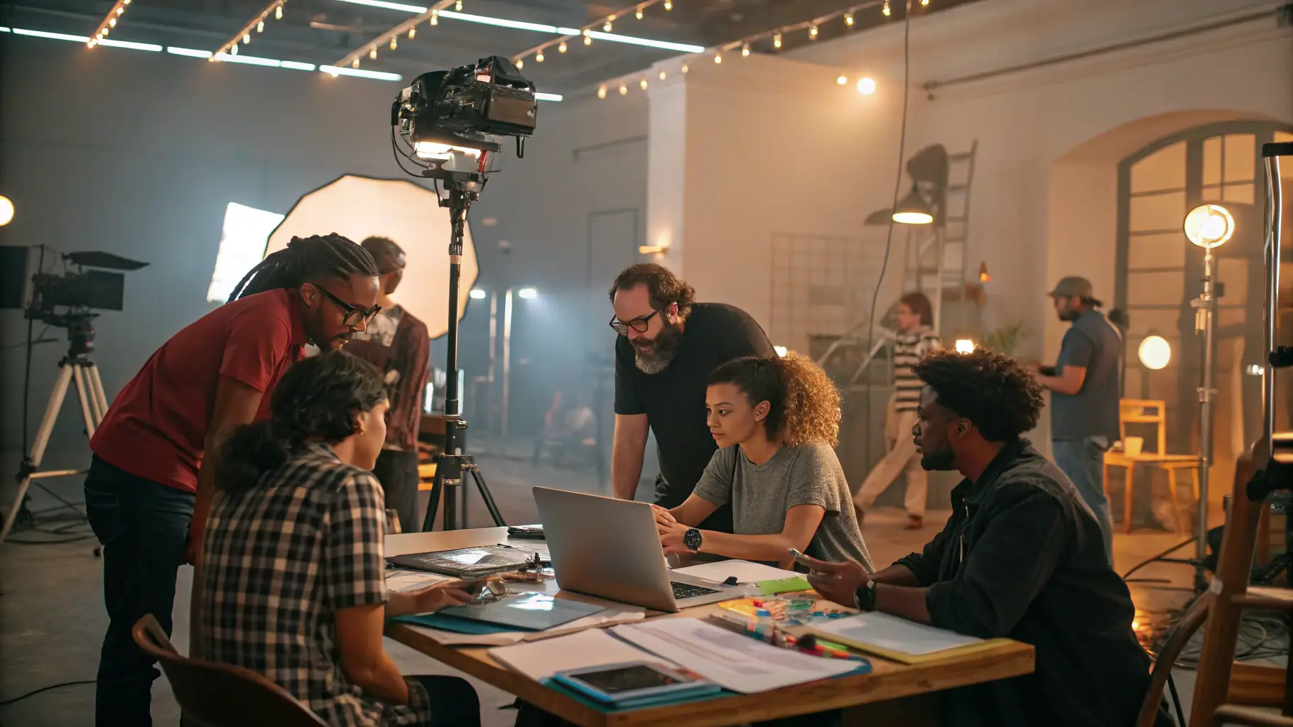 A group of young people participating in a short film workshop, smiling and engaged.